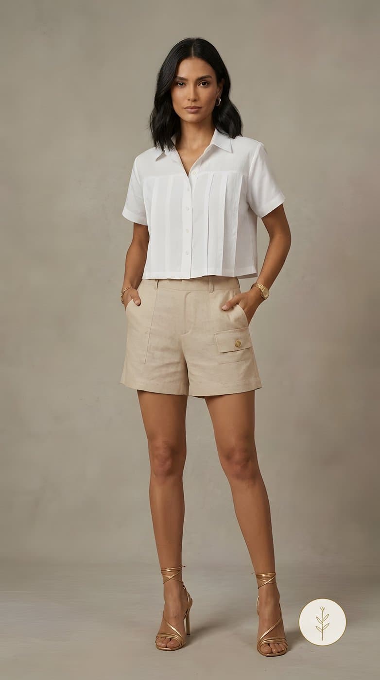 Conjunto Camisa con Pliegues Blanco y Crudo miniatura 2