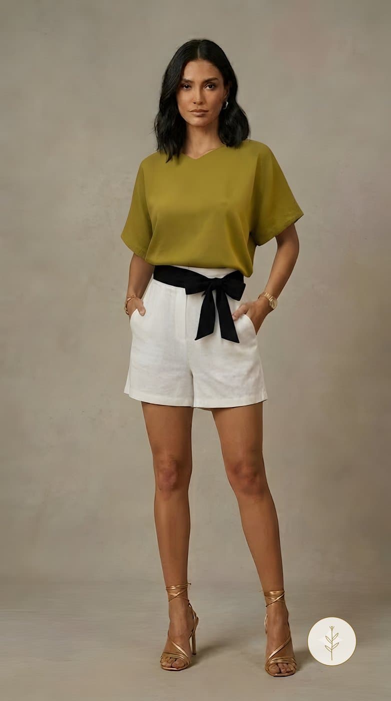 Conjunto Oliva y Blanco con Lazo Negro miniatura 2